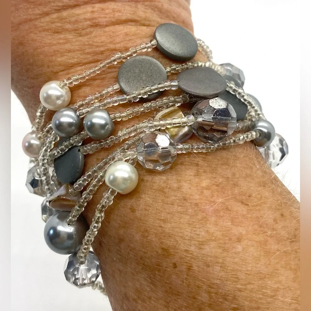 Long Wrap Crystal Clear Gray Pearl Beaded Necklace Boho Eclectic Feminine